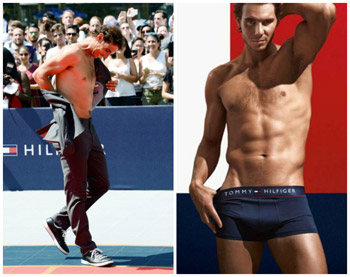 Rafael Nadal en el evento strip tenis (i) y en la campaña (d).