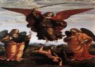 El arcángel San Miguel y dos ángeles expulsan la maldad.